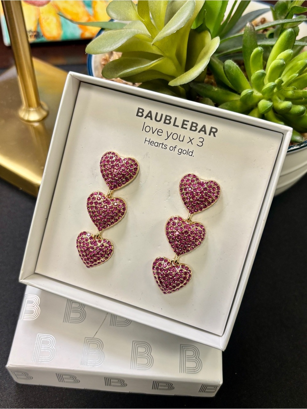 BaubleBar Pink Rhinestone Triple Heart Drop Earrings